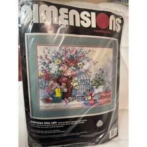 Vintage 90s Dimensions #2382 Needlepoint Pillow Birdcage Floral Flowers 18x14
